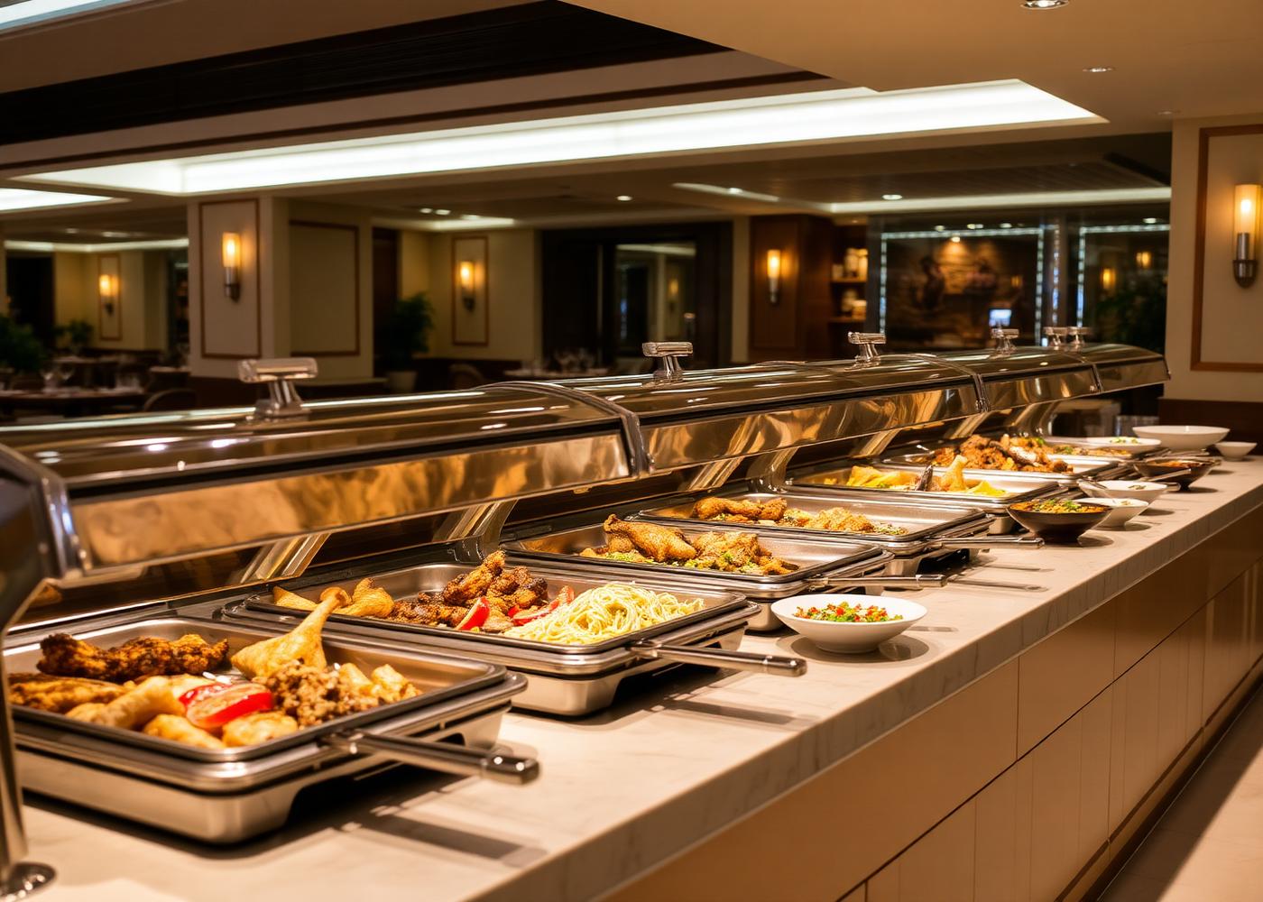 Buffet counter with grilled chicken, karahi and noodles at Koffee Net