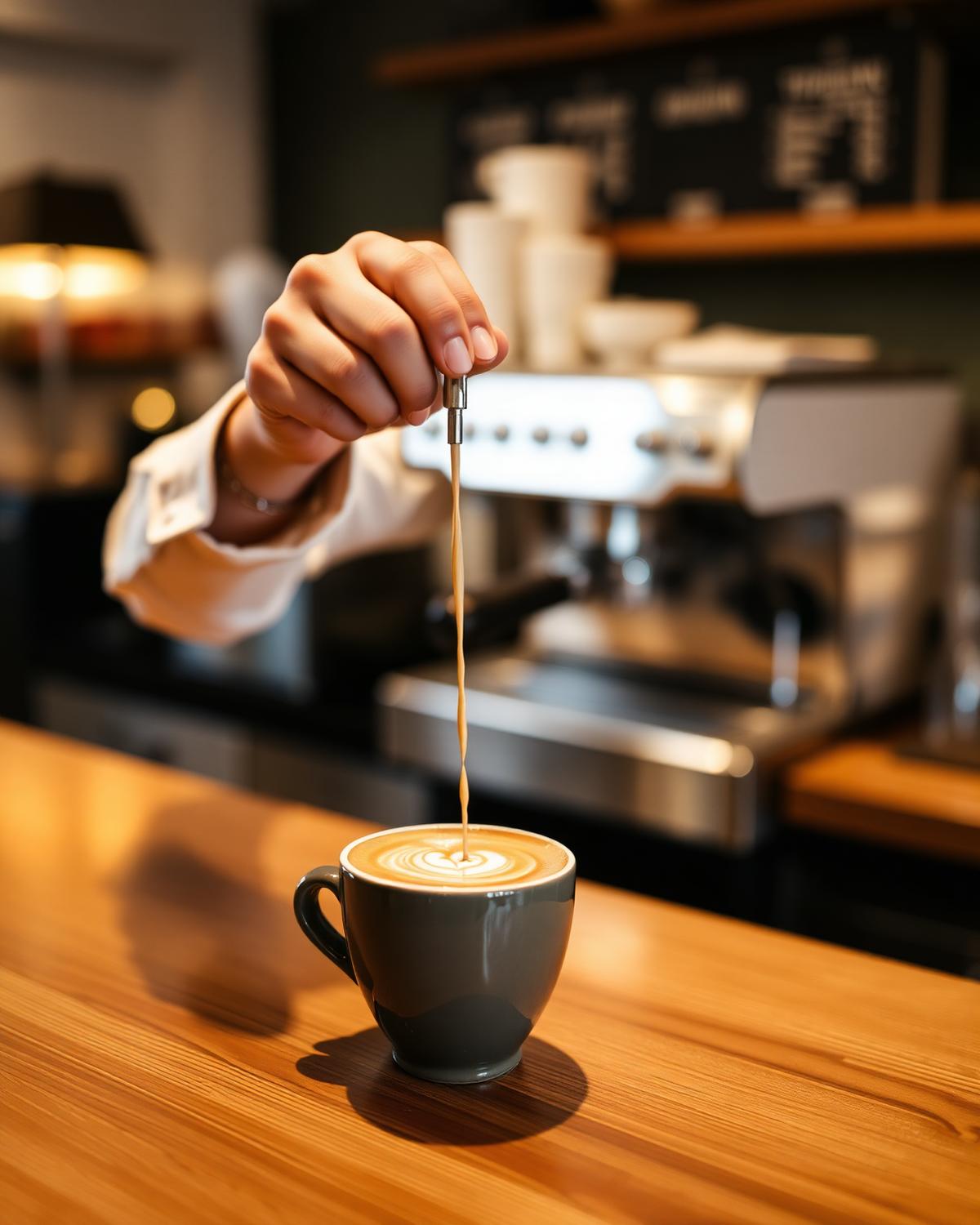 Barista pouring a latte at the Koffee Net coffee bar