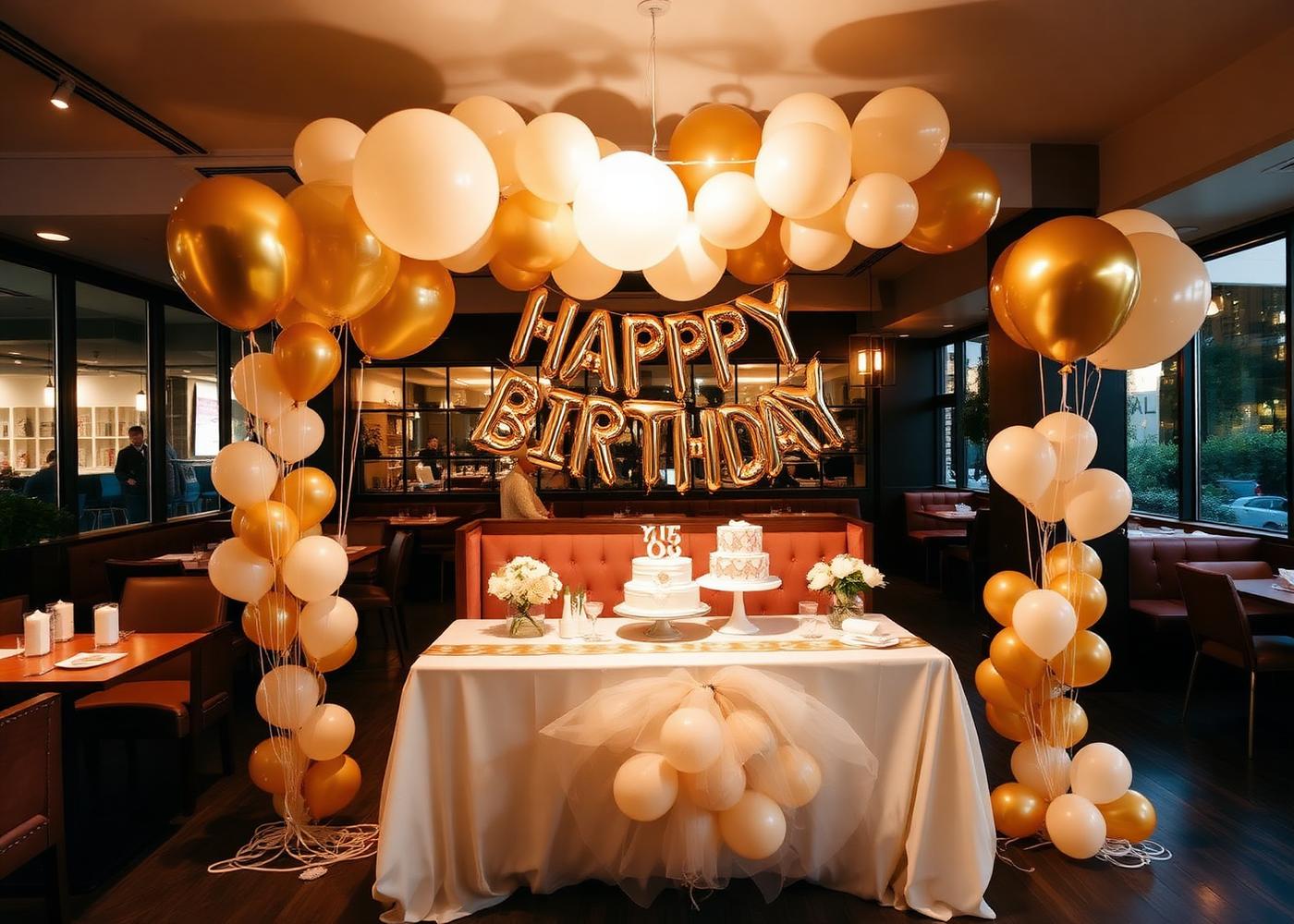 Birthday celebration table with cream and gold balloons at Koffee Net