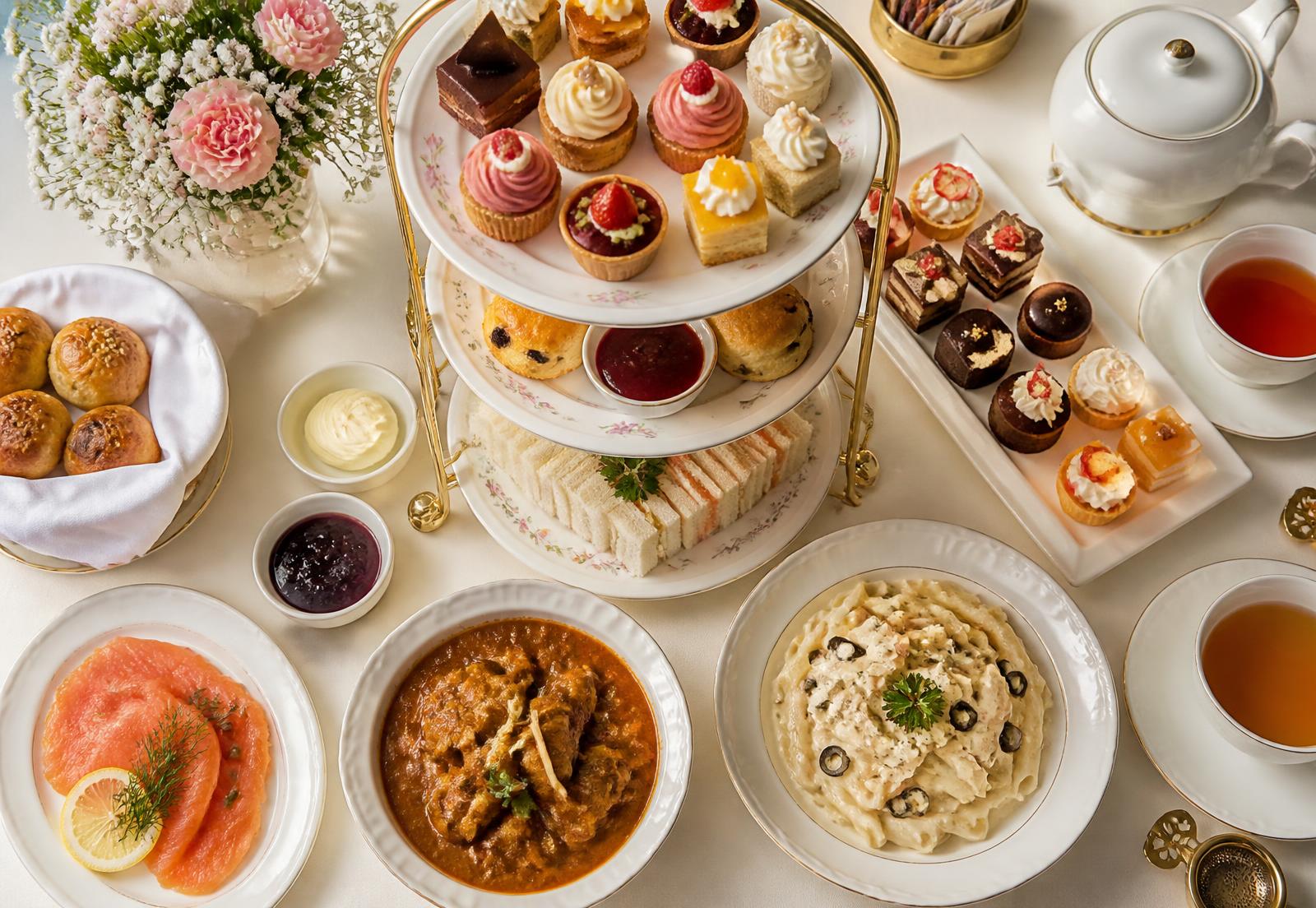 Hi-Tea spread at Koffee Net with pastries, karahi, pasta and tea service